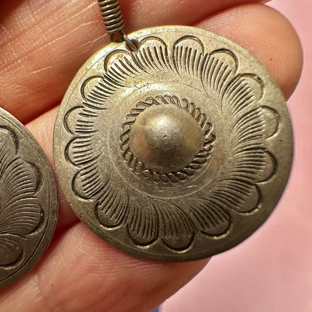 Silver tone round disc drop earrings - Picture 3 of 7